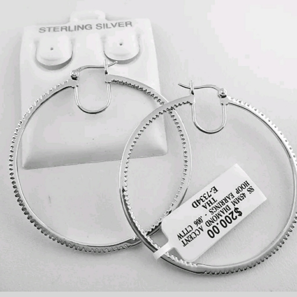 Genuine Diamond Hoops Earings .925 Sterling Silver